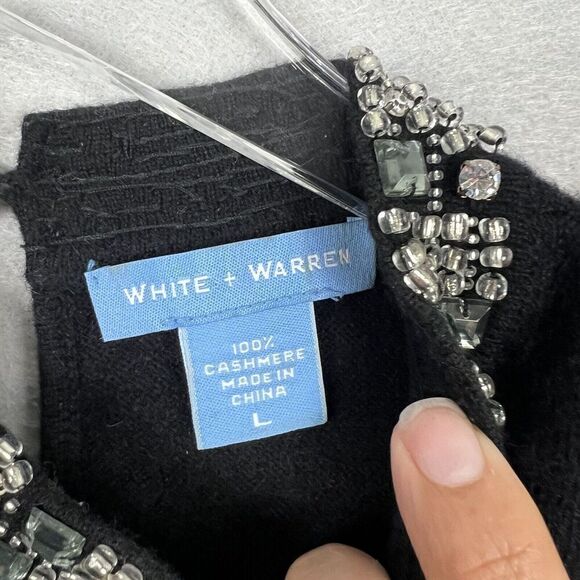 White Warren Cashmere Sweater Top Size Large Black Rhinestone Neckline Keyhole - Picture 7 of 10